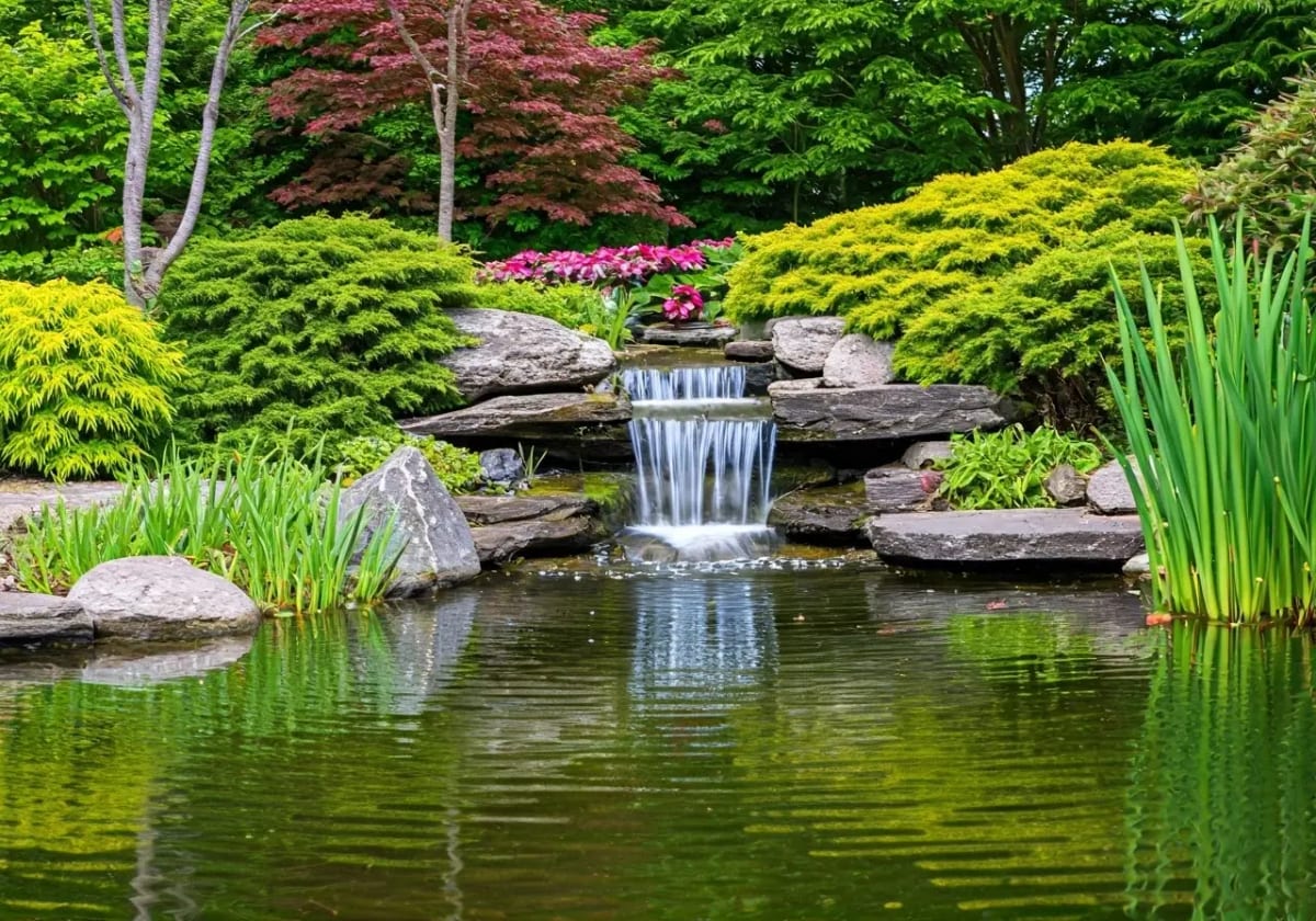 A calm garden pond with a gentle flowing waterfall. 35mm stock photo