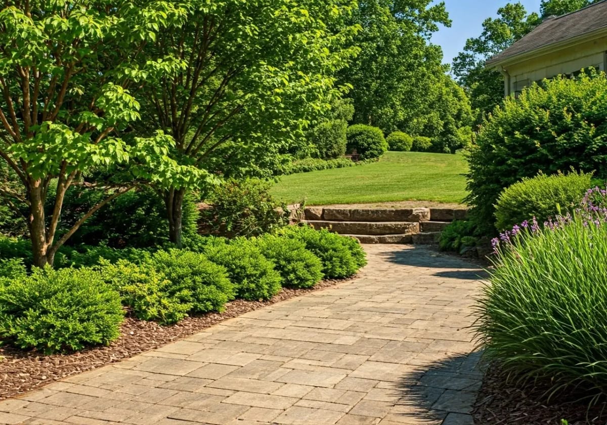 Sunny garden with stone pavers in Knoxville, Tennessee landscape. 35mm stock photo