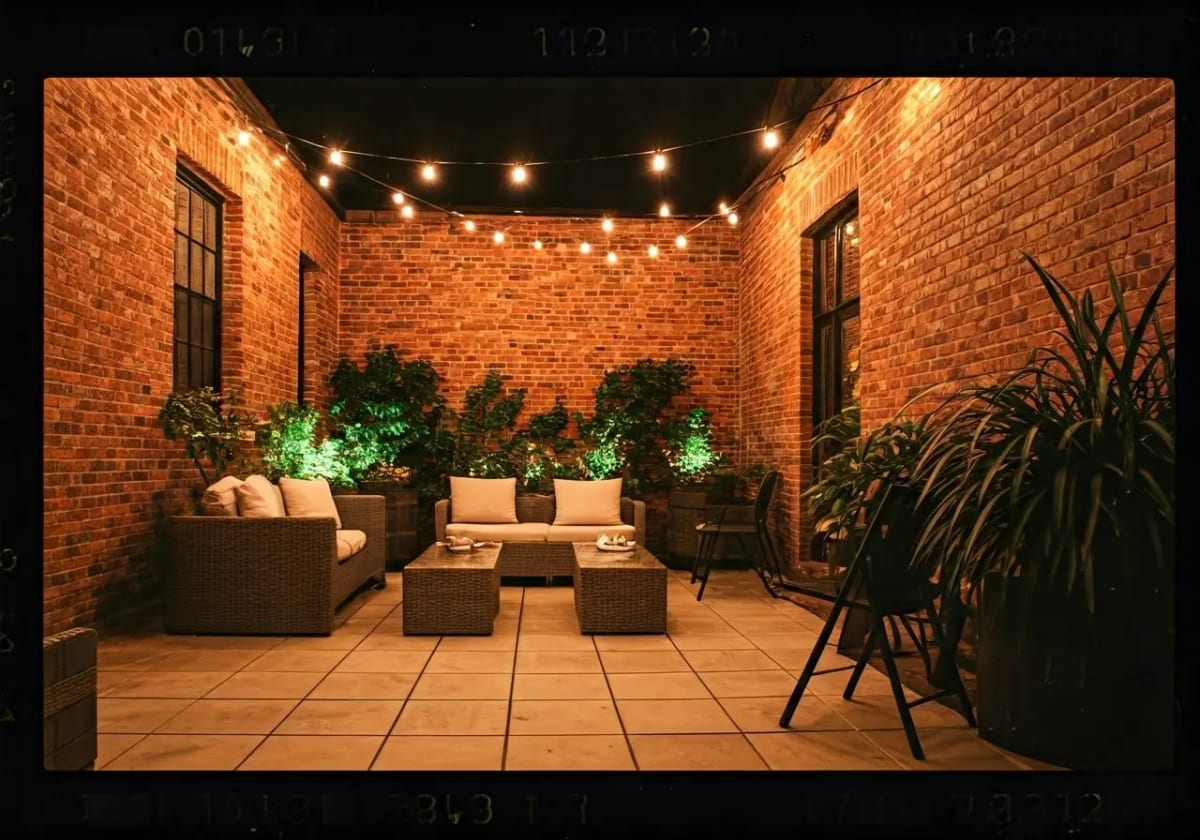 Cozy outdoor patio with string lights and plants. 35mm stock photo