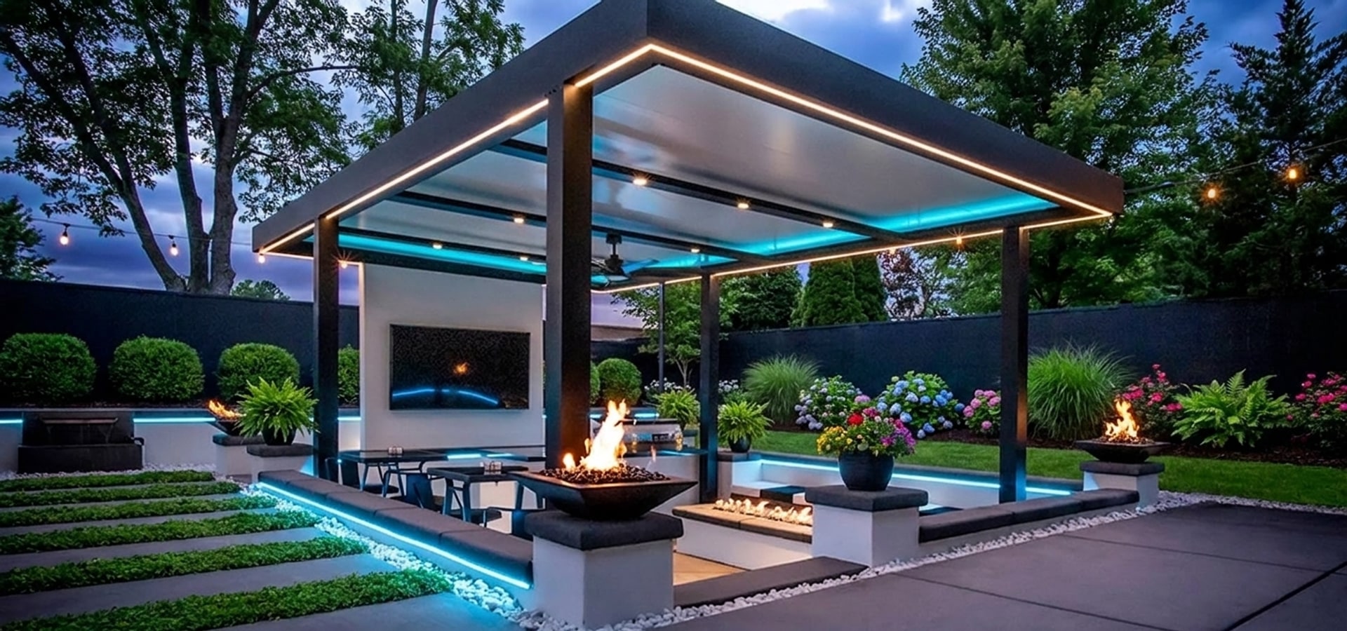 Freestanding Outdoor Elements Serenity louvered roof at dusk with LED strip lighting and fire bowls