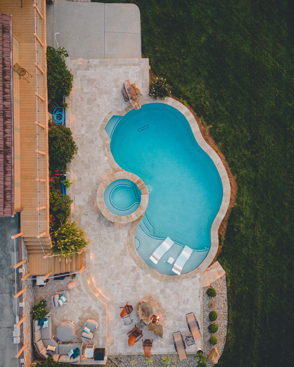 Overhead Aerial Freeform Pool, Spa & Travertine Deck