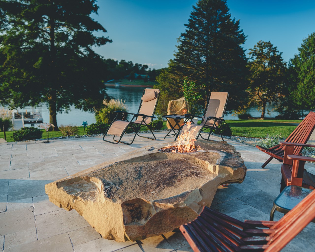 Natural Stone Fire Table Overlooking the Lake