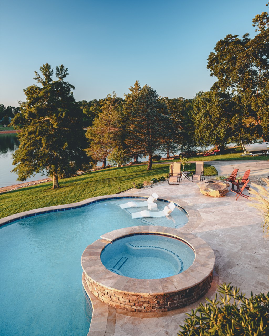 Raised Stone Spa, Tanning Ledge & Lakeside Lawn