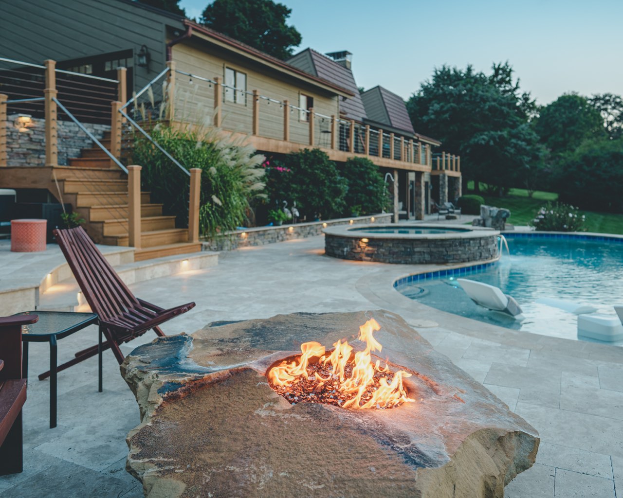 Twilight Fire Table, Raised Spa & Pool With Lighting