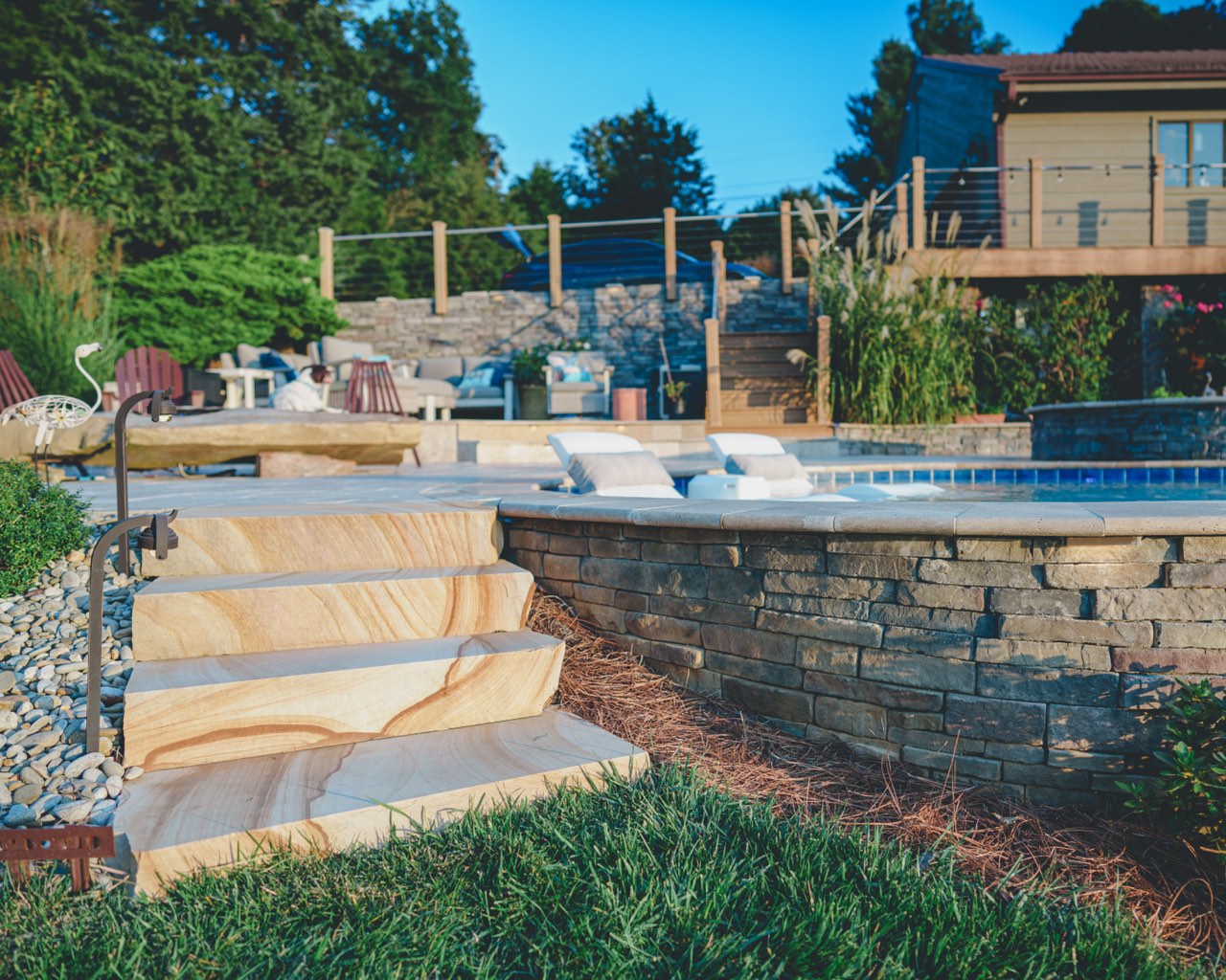Natural Stone Steps & Stacked Stone Pool Wall