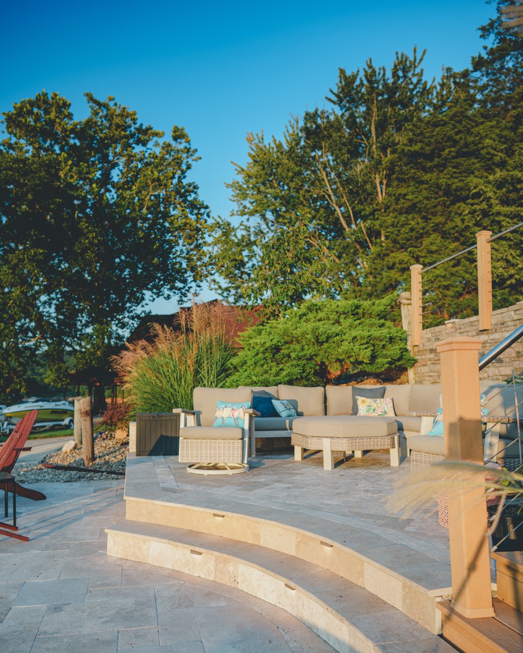 Travertine Lounge Patio With Curved Steps