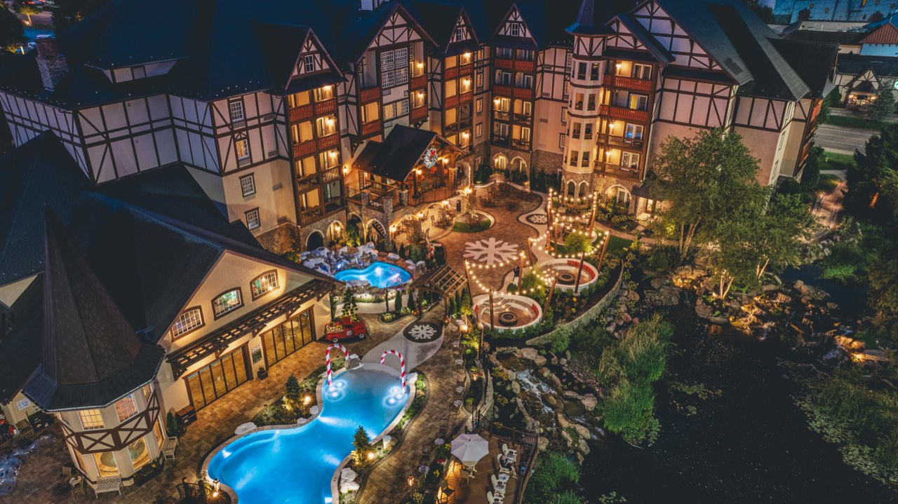 Illuminated Paver Plaza And Fire Pit Lounges From Above