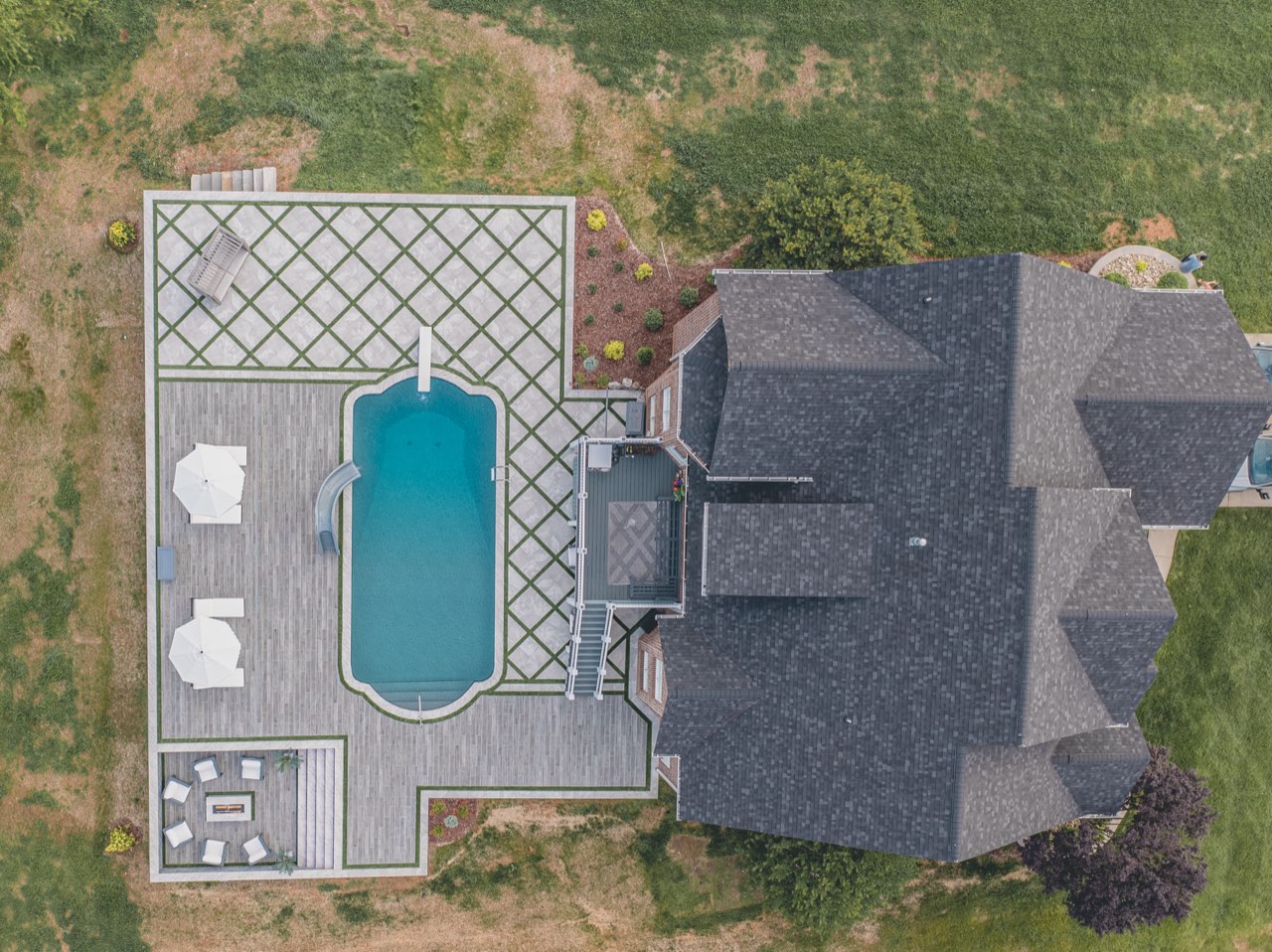 Overhead Gunite Pool With Slide, Turf Grid Paver Deck