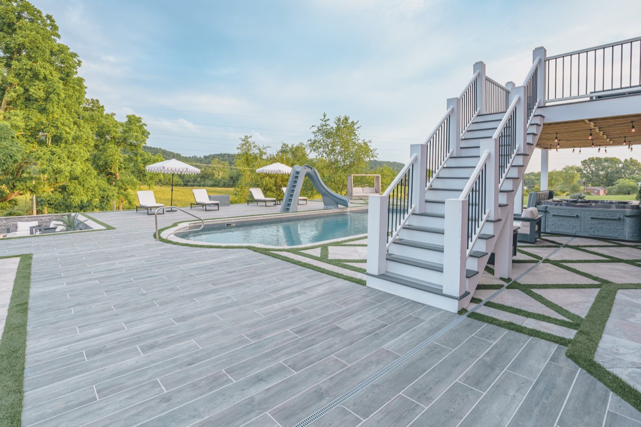 Golden Hour Paver Deck, Elevated Stairs To Covered Pavilion