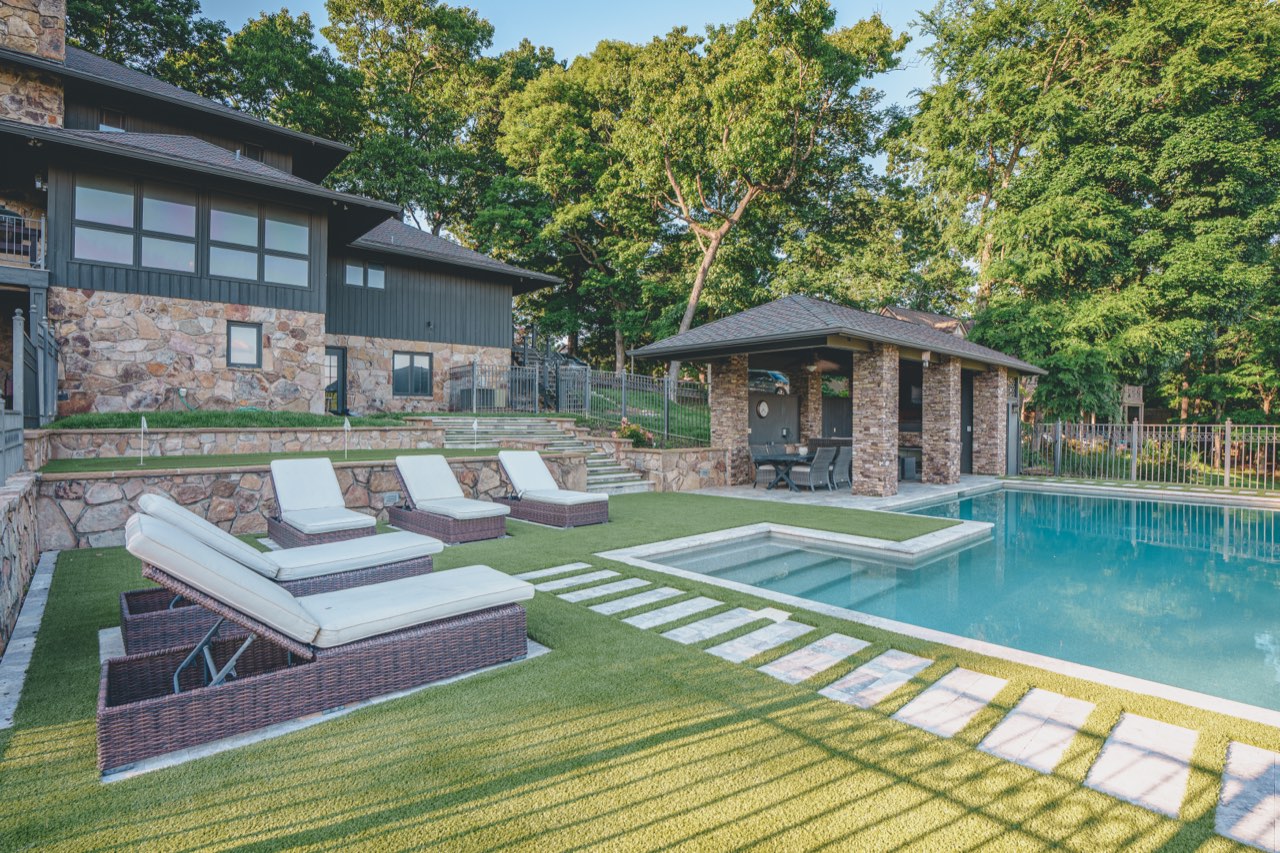 Gunite Pool, Raised Spa, Stone Pavilion & Turf Lounge