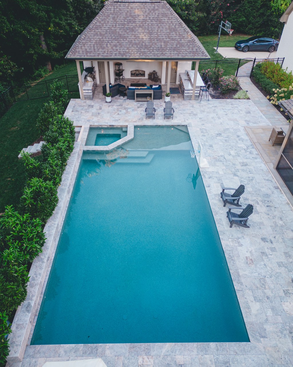 Aerial Gunite Pool, Raised Spa & Travertine Deck With Poolside Pavilion