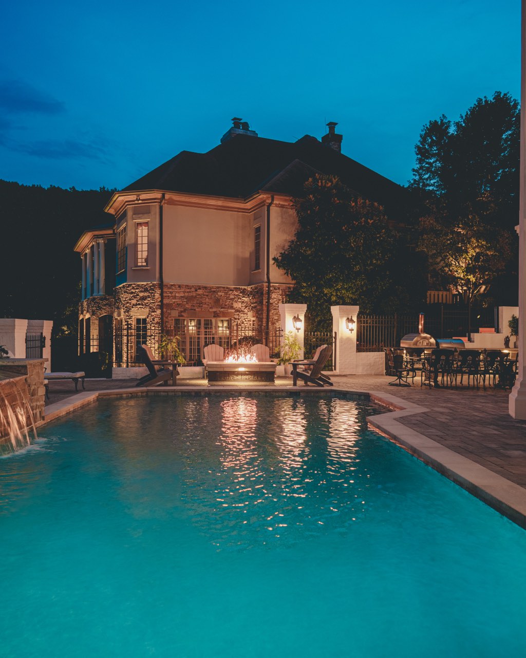 Illuminated Gunite Pool & Outdoor Kitchen at Twilight