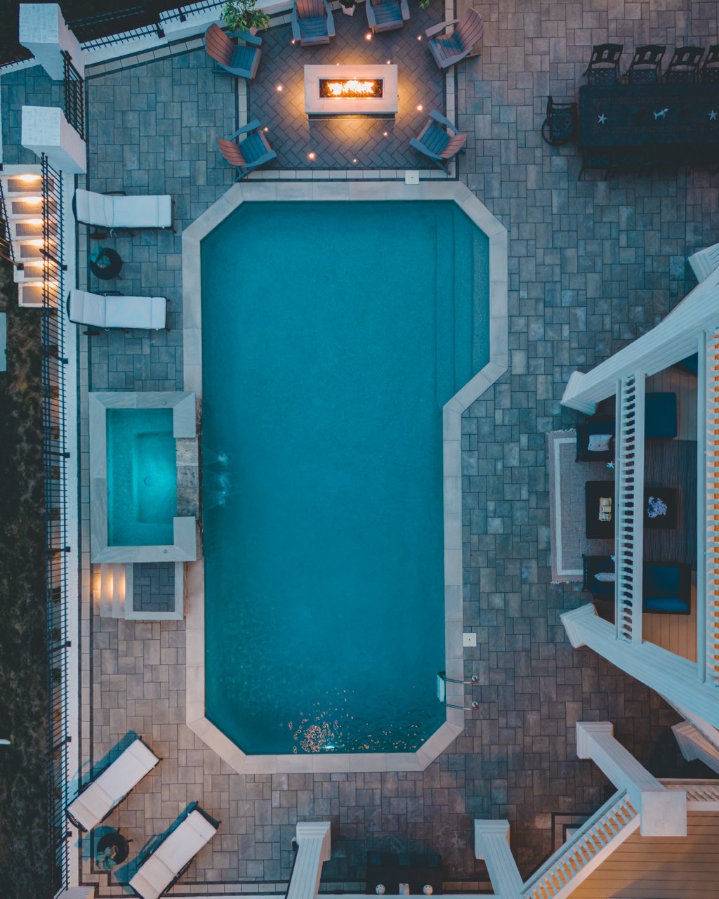Top-Down Aerial Gunite Pool, Spa & Linear Fire Pit