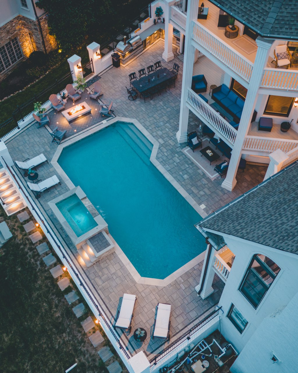 Aerial Pool, Raised Spa & Covered Patio at Blue Hour