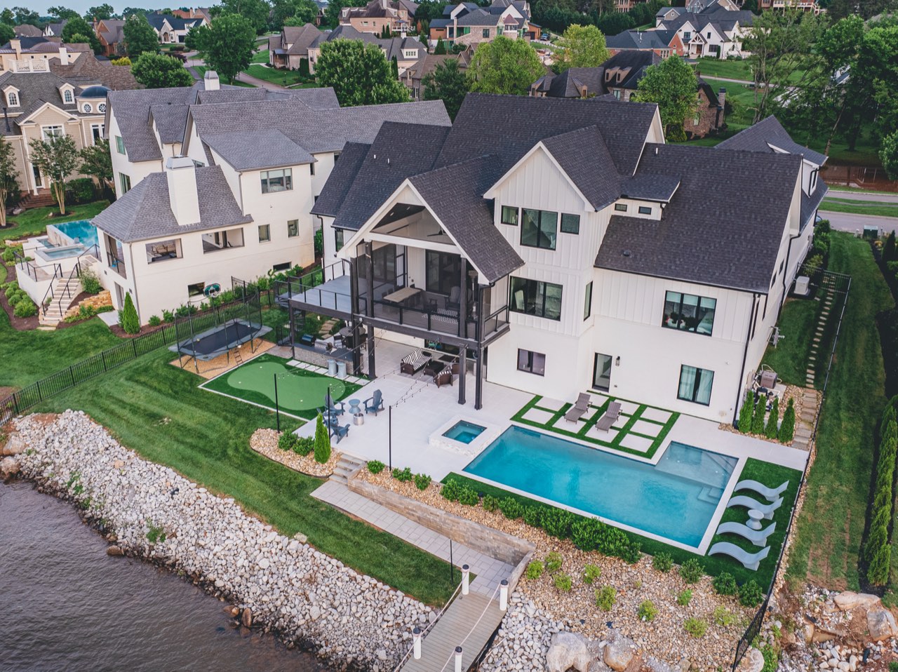 Aerial Lakefront Gunite Pool, Spa & Putting Green