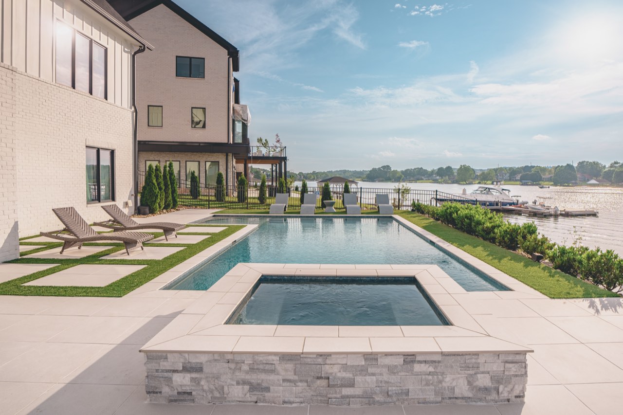 Gunite Pool, Raised Spa & Paver Deck at Lake