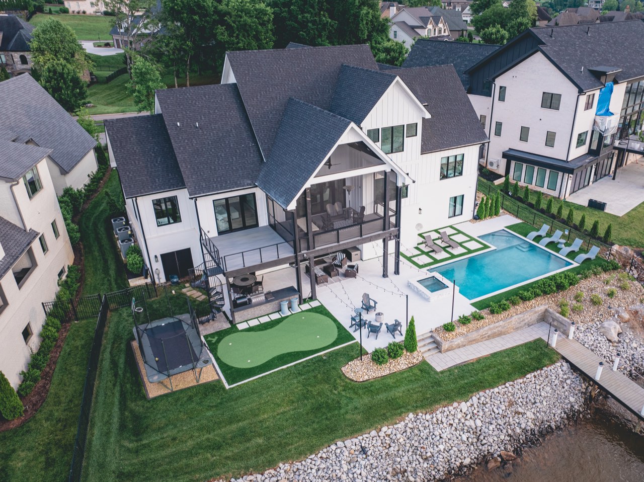 Aerial Backyard Pool, Putting Green & Paver Patio