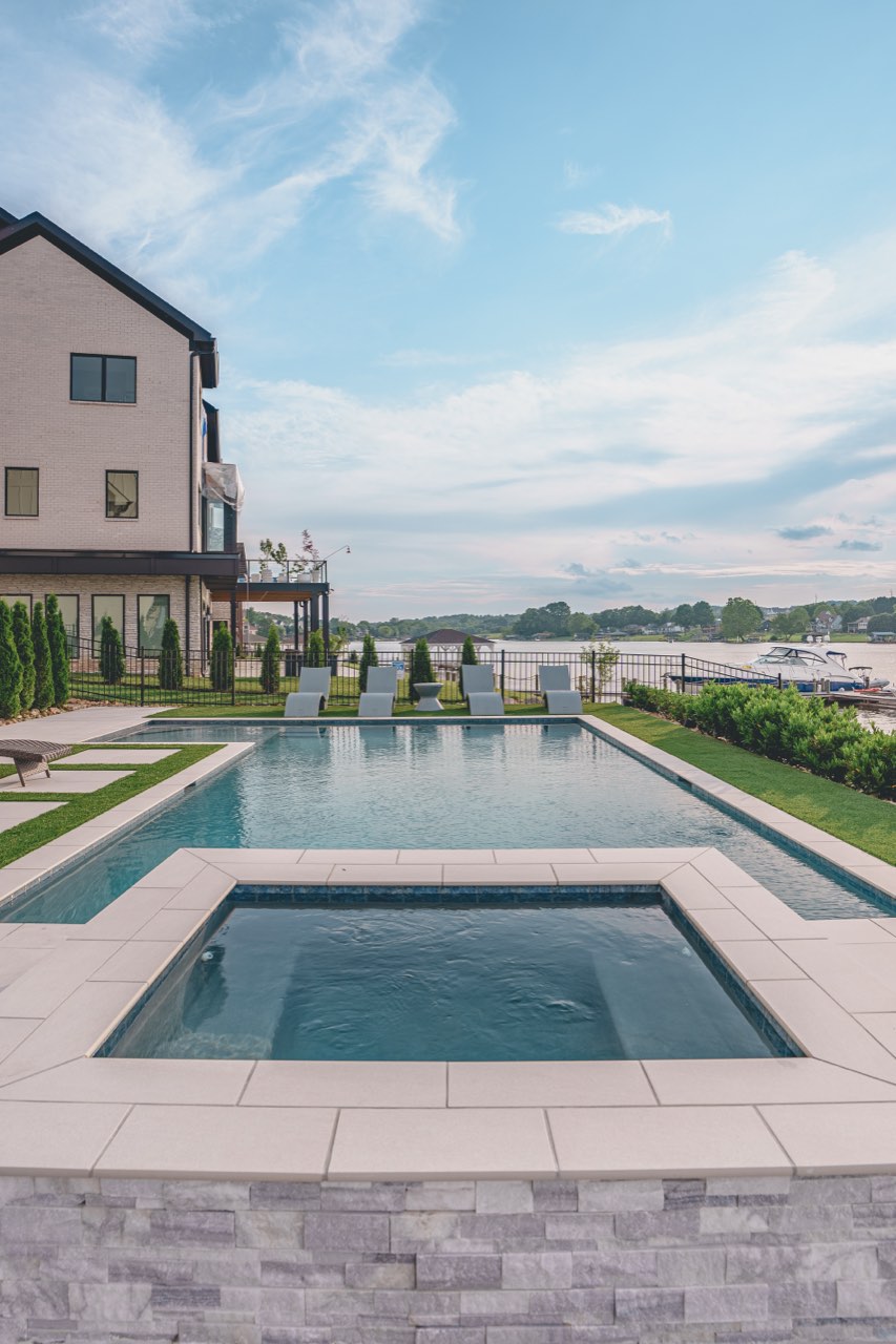 Gunite Pool & Raised Stone Spa Beside Lake