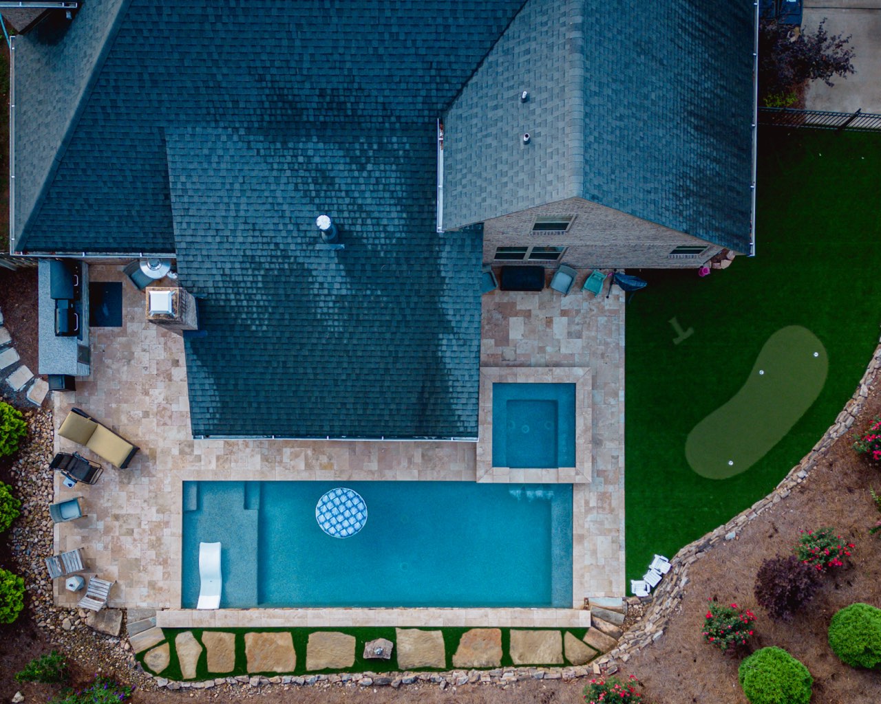 Aerial Gunite Pool, Raised Spa & Travertine Deck