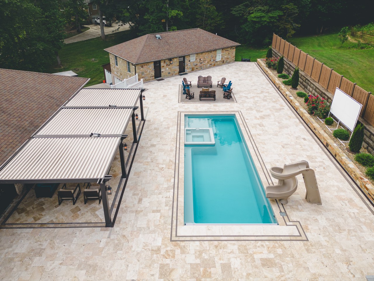 Aerial Gunite Pool, Spa, Twin Pergolas & Travertine Patio